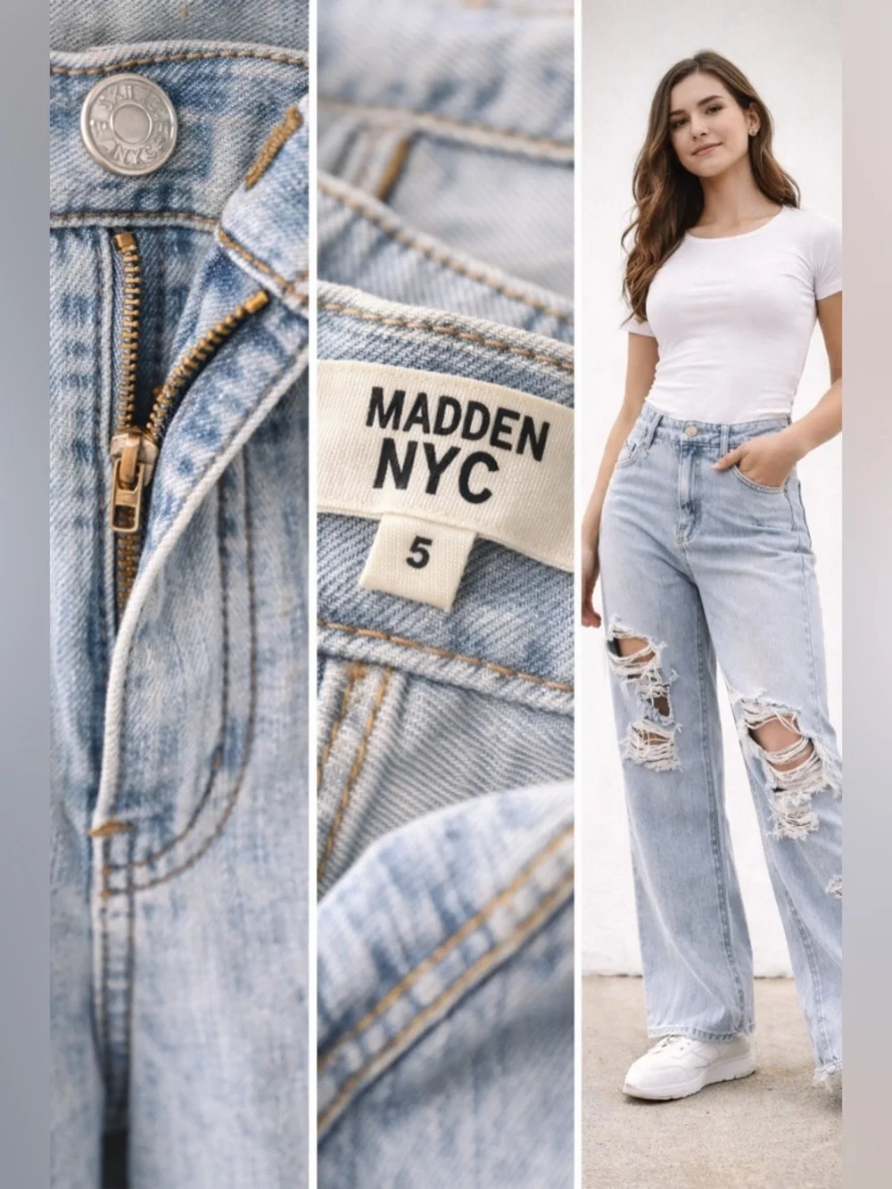 Madden NYC Light Wash Distressed Wide Leg Jeans Size 5 - Picture 8 of 16